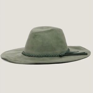 Wide Brim Faux Suede Fedora Hat in Olive Green